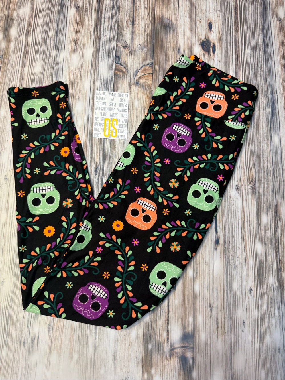 LuLaRoe Black Leggings with Green, Orange & Purple Skull Print